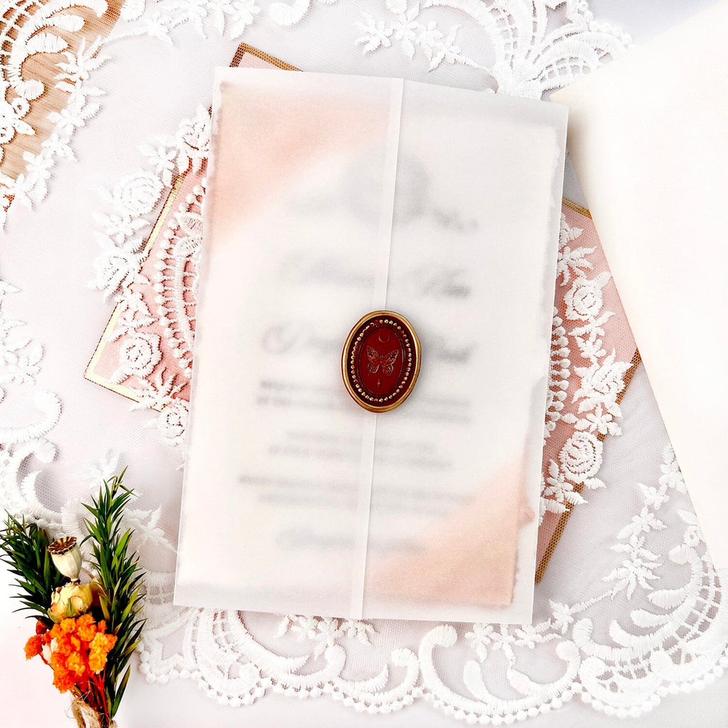 Orange Foil Gold Stamped Wedding Invitation, Handmade Deckle Edge Invitation Cards with Vellum Paper Wrap Wedding Ceremony Supplies Picky Bride