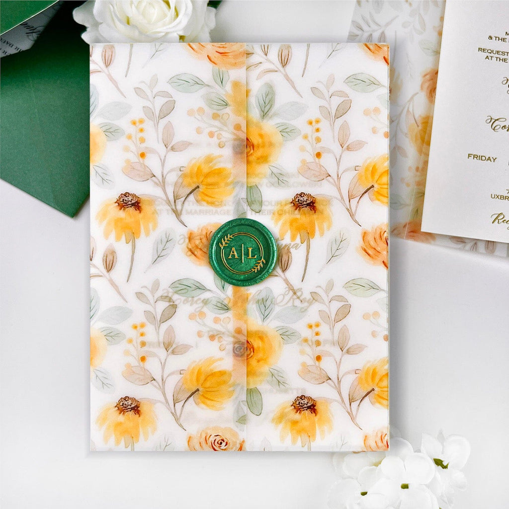 Pale Yellow Sunflower Wedding Invitations, Bright Summer Floral Vellum Jacket Invites, Gold Foil Wedding Invitation and Customized Wax Seal, QR Code RSVP Wedding Ceremony Supplies Picky Bride