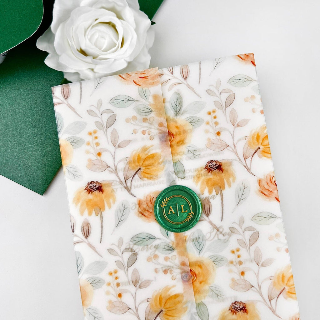 Pale Yellow Sunflower Wedding Invitations, Bright Summer Floral Vellum Jacket Invites, Gold Foil Wedding Invitation and Customized Wax Seal, QR Code RSVP Wedding Ceremony Supplies Picky Bride