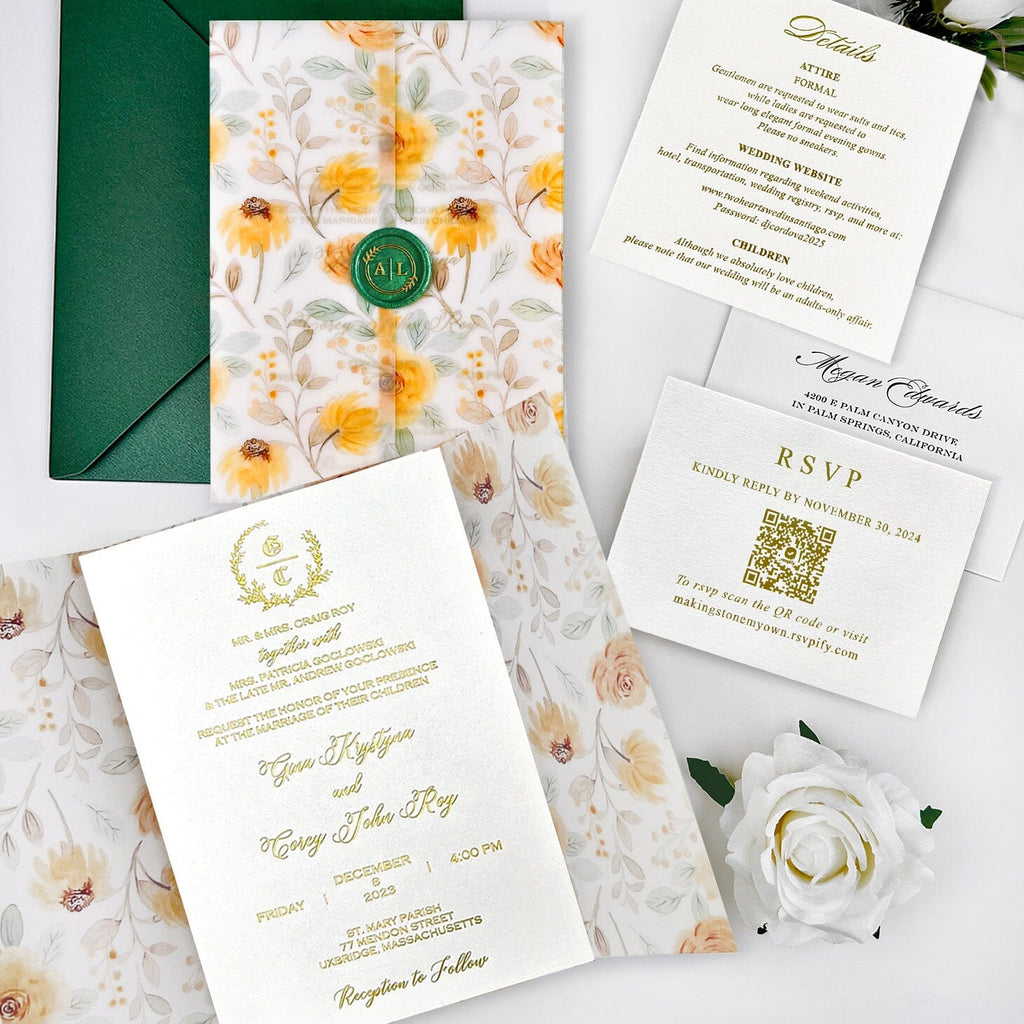Pale Yellow Sunflower Wedding Invitations, Bright Summer Floral Vellum Jacket Invites, Gold Foil Wedding Invitation and Customized Wax Seal, QR Code RSVP Wedding Ceremony Supplies Picky Bride