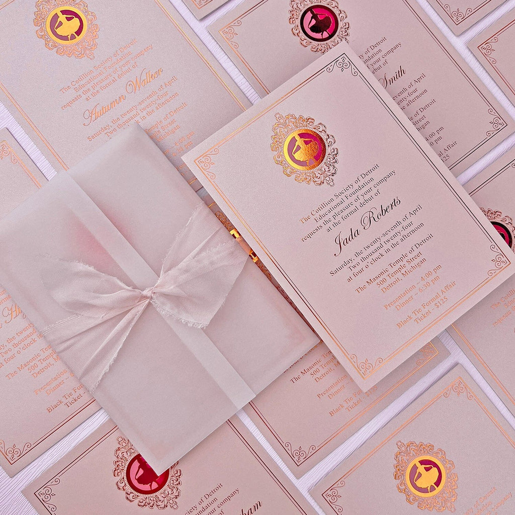 Pink and Rose Gold Party Invitations, Elegant Bow Invitation with Hand Torn Silk Ribbon, Vellum Jacket Invites For Wedding and Birthday Party etc. Wedding Ceremony Supplies Picky Bride