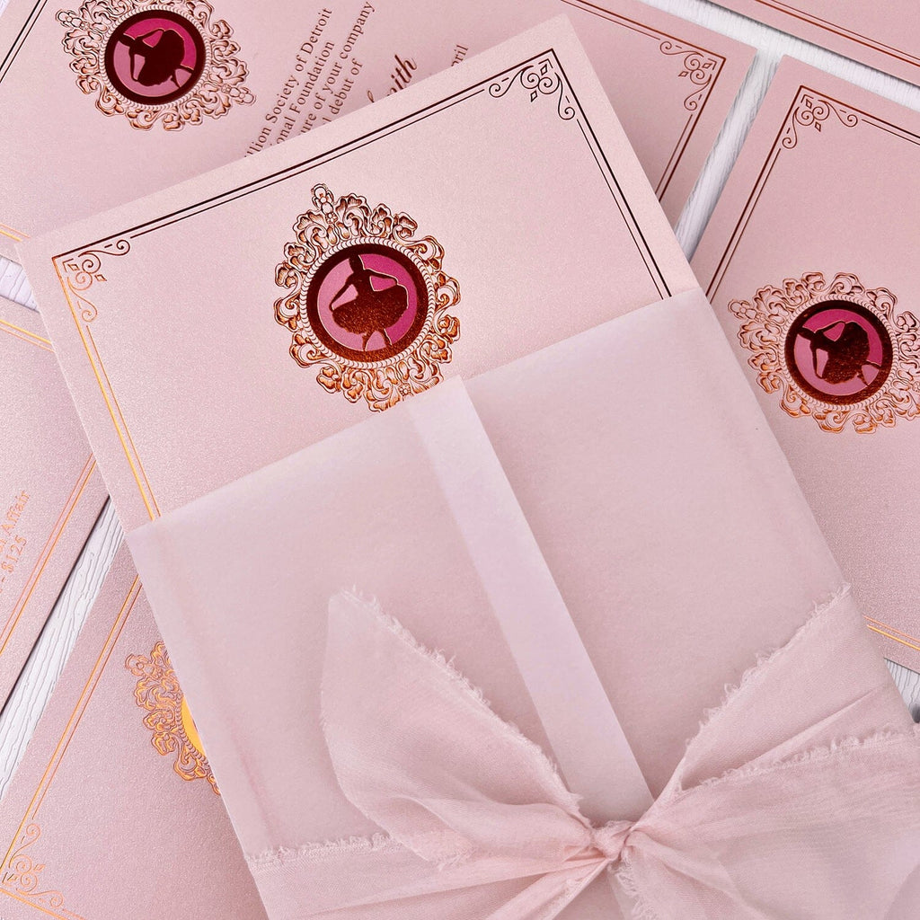 Pink and Rose Gold Party Invitations, Elegant Bow Invitation with Hand Torn Silk Ribbon, Vellum Jacket Invites For Wedding and Birthday Party etc. Wedding Ceremony Supplies Picky Bride