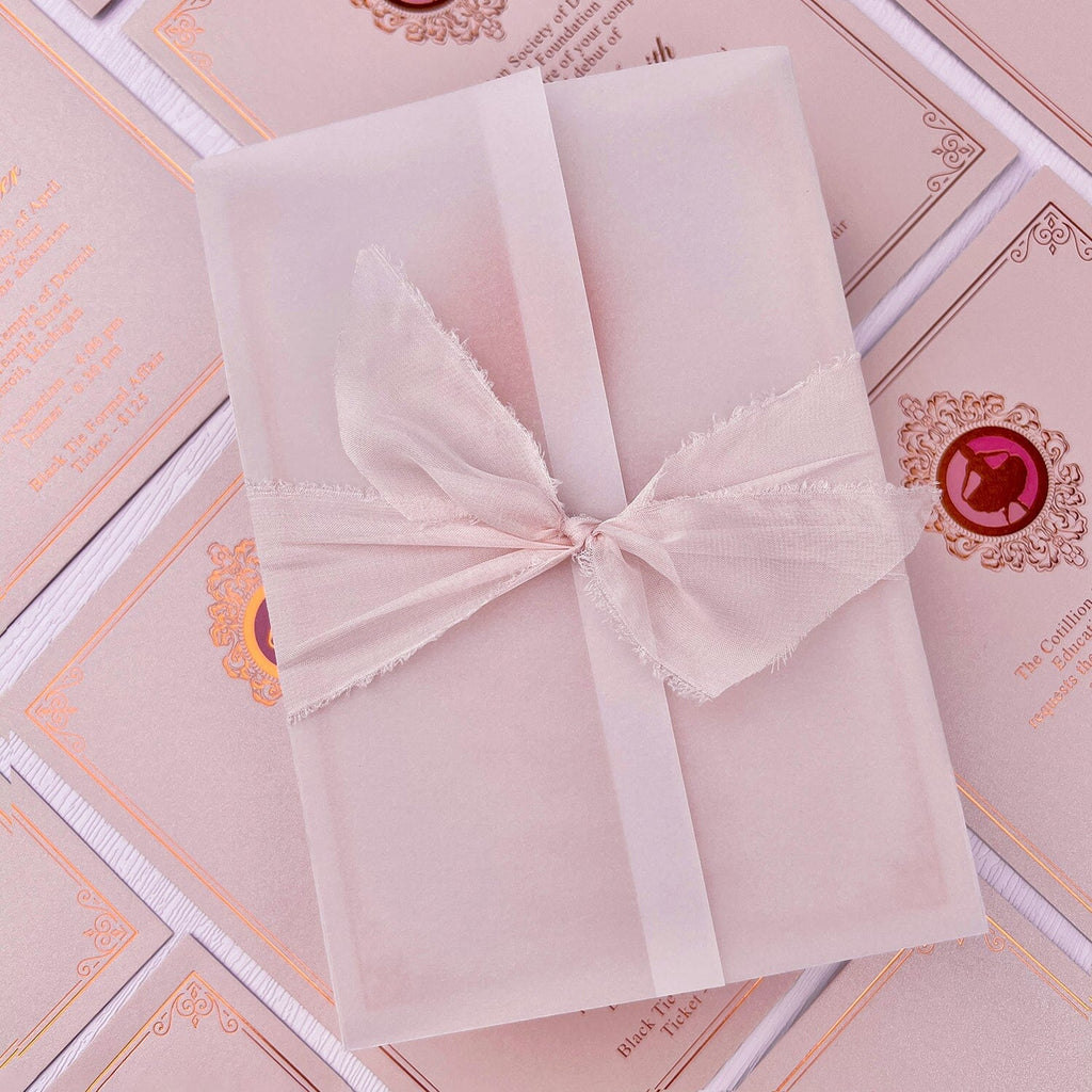 Pink and Rose Gold Party Invitations, Elegant Bow Invitation with Hand Torn Silk Ribbon, Vellum Jacket Invites For Wedding and Birthday Party etc. Wedding Ceremony Supplies Picky Bride