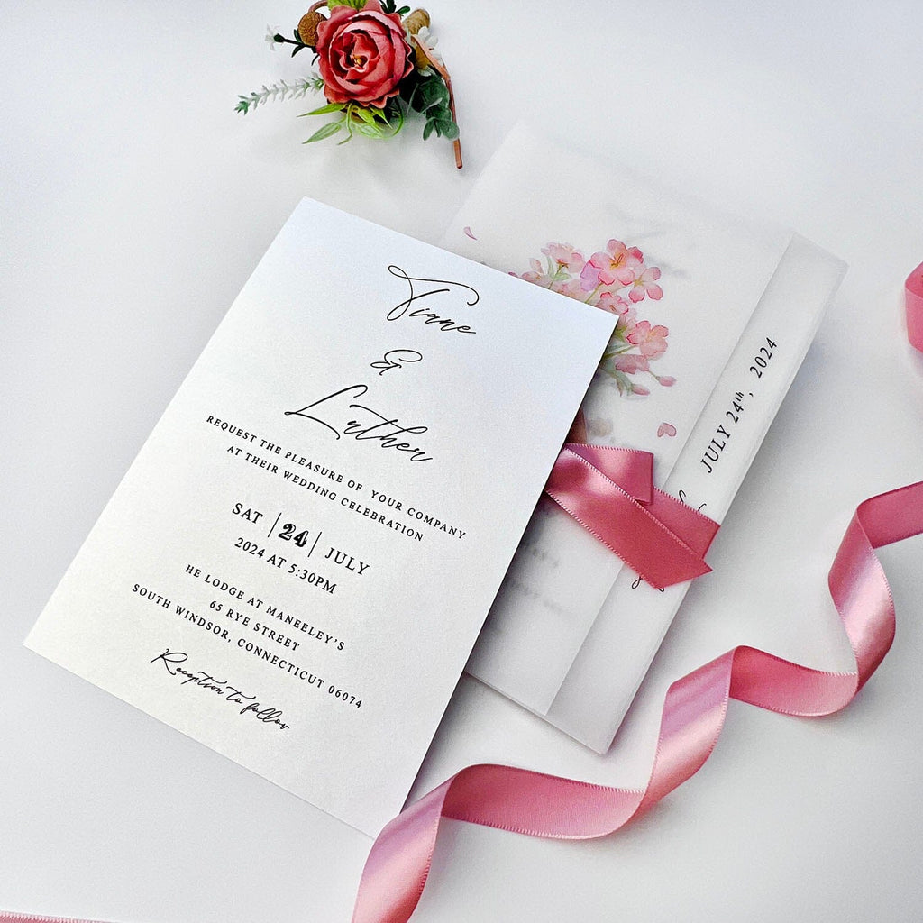 Pink Floral Vellum Wedding Invitations and Rose Pink Ribbon, Printed Flower Vellum Wrap for Wedding Invites Wedding Ceremony Supplies Picky Bride