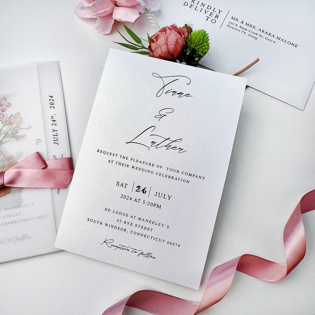 Pink Floral Vellum Wedding Invitations and Rose Pink Ribbon, Printed Flower Vellum Wrap for Wedding Invites Wedding Ceremony Supplies Picky Bride