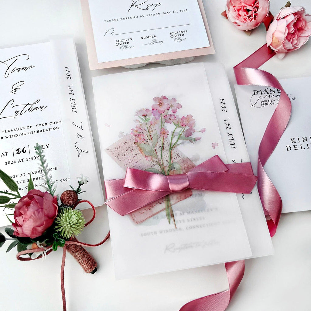 Pink Floral Vellum Wedding Invitations and Rose Pink Ribbon, Printed Flower Vellum Wrap for Wedding Invites Wedding Ceremony Supplies Picky Bride