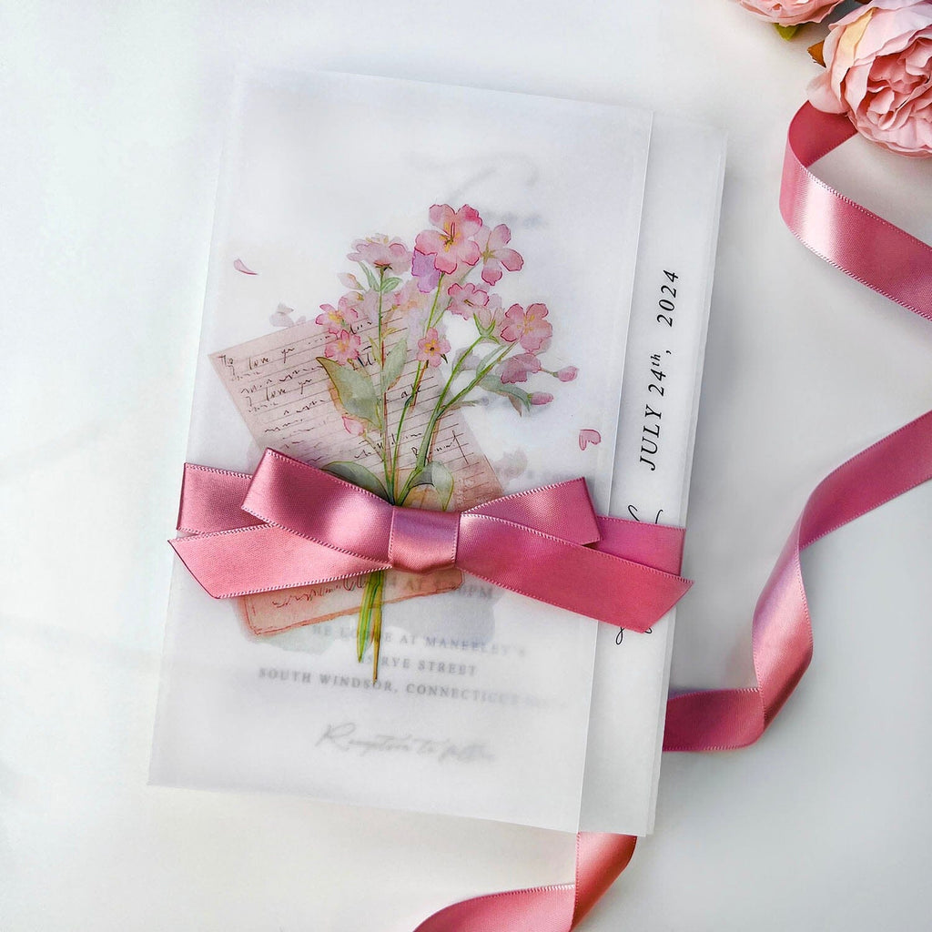 Pink Floral Vellum Wedding Invitations and Rose Pink Ribbon, Printed Flower Vellum Wrap for Wedding Invites Wedding Ceremony Supplies Picky Bride