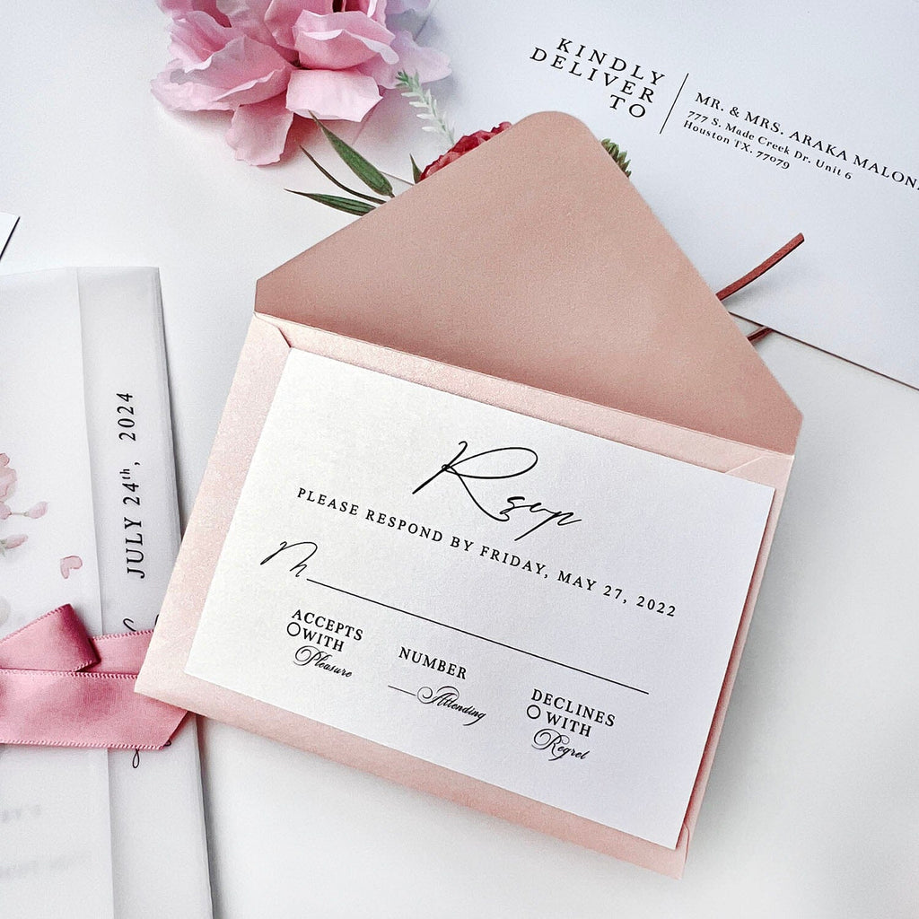 Pink Floral Vellum Wedding Invitations and Rose Pink Ribbon, Printed Flower Vellum Wrap for Wedding Invites Wedding Ceremony Supplies Picky Bride