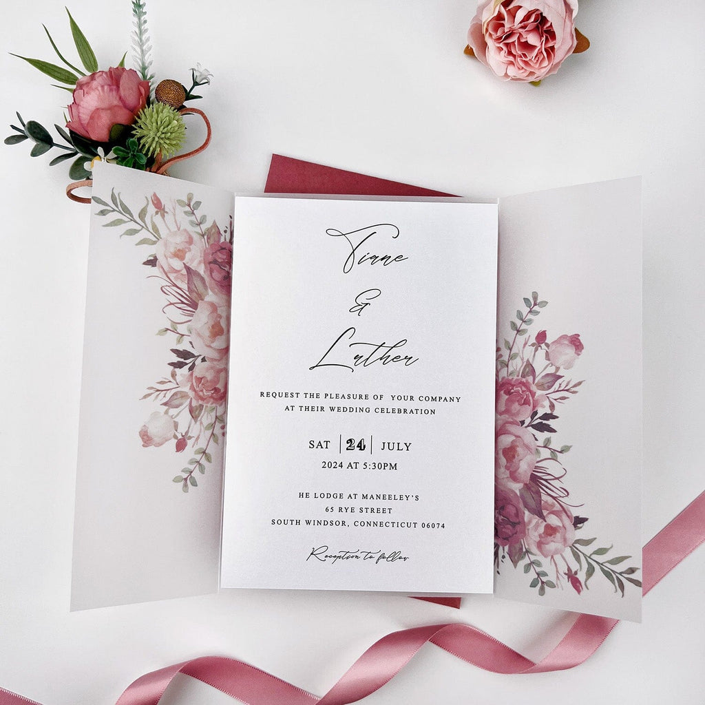 Plants Vellum Wedding Invitations Suite, Burgundy and Gold Wedding Invites, Clear Floral Wrap for Invitations Wedding Ceremony Supplies Picky Bride