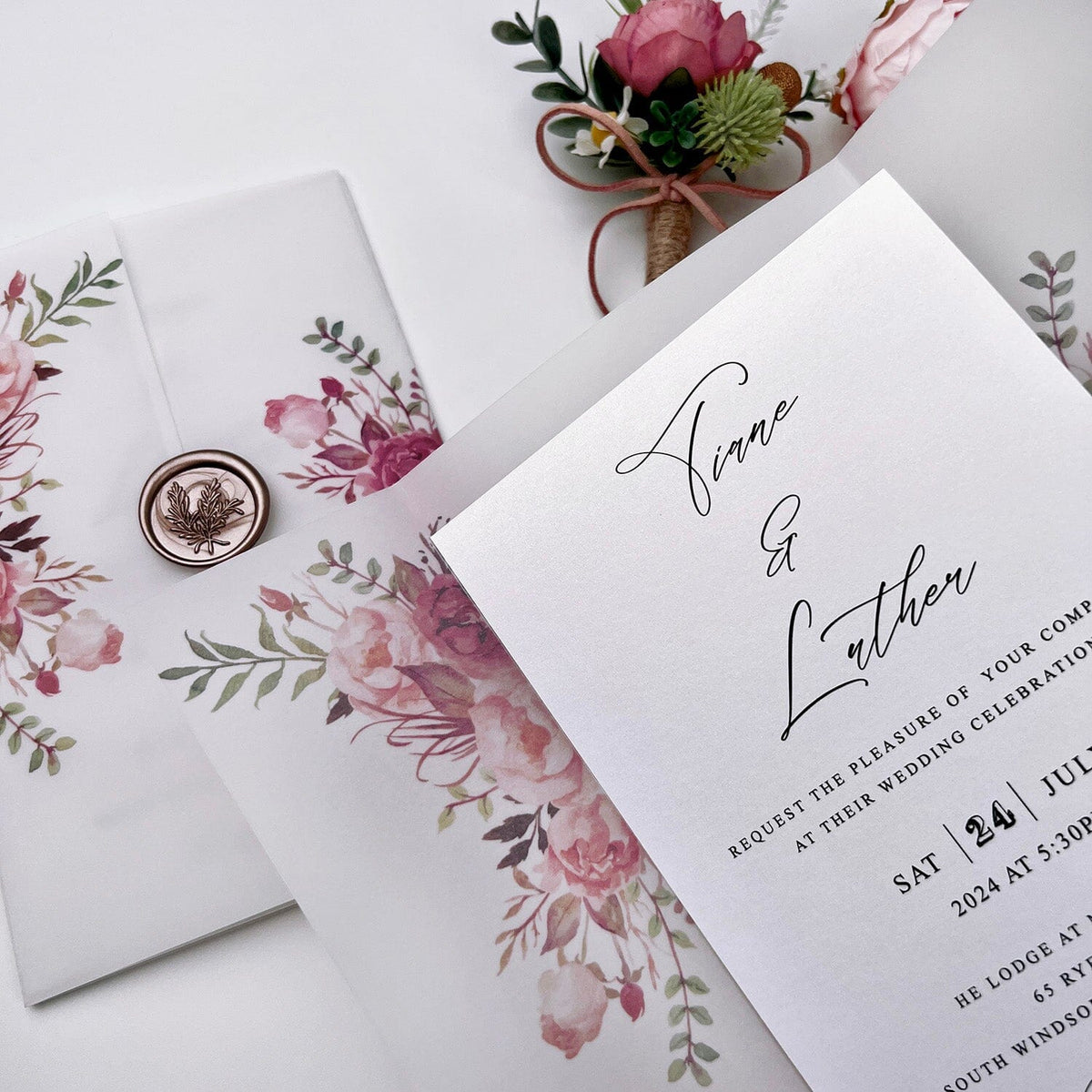 Burgundy Floral Wedding Invited Vellum Paper Wrap with Handmade Paper