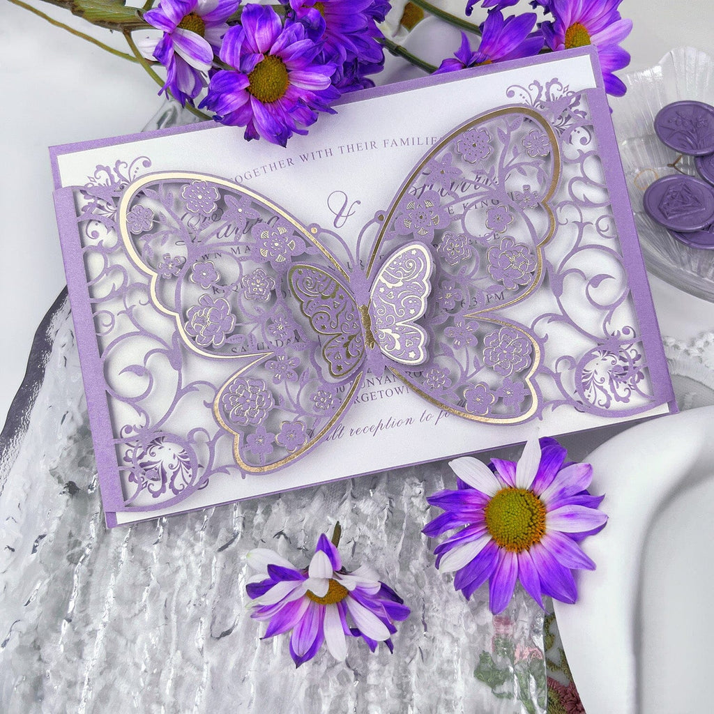 Purple 3D Butterfly Wedding Invitations, Lavender Gold Foil Invitation for Elegant Wedding, Personalized Wedding Card Wedding Ceremony Supplies Picky Bride
