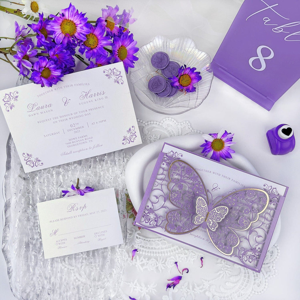 Purple 3D Butterfly Wedding Invitations, Lavender Gold Foil Invitation for Elegant Wedding, Personalized Wedding Card Wedding Ceremony Supplies Picky Bride