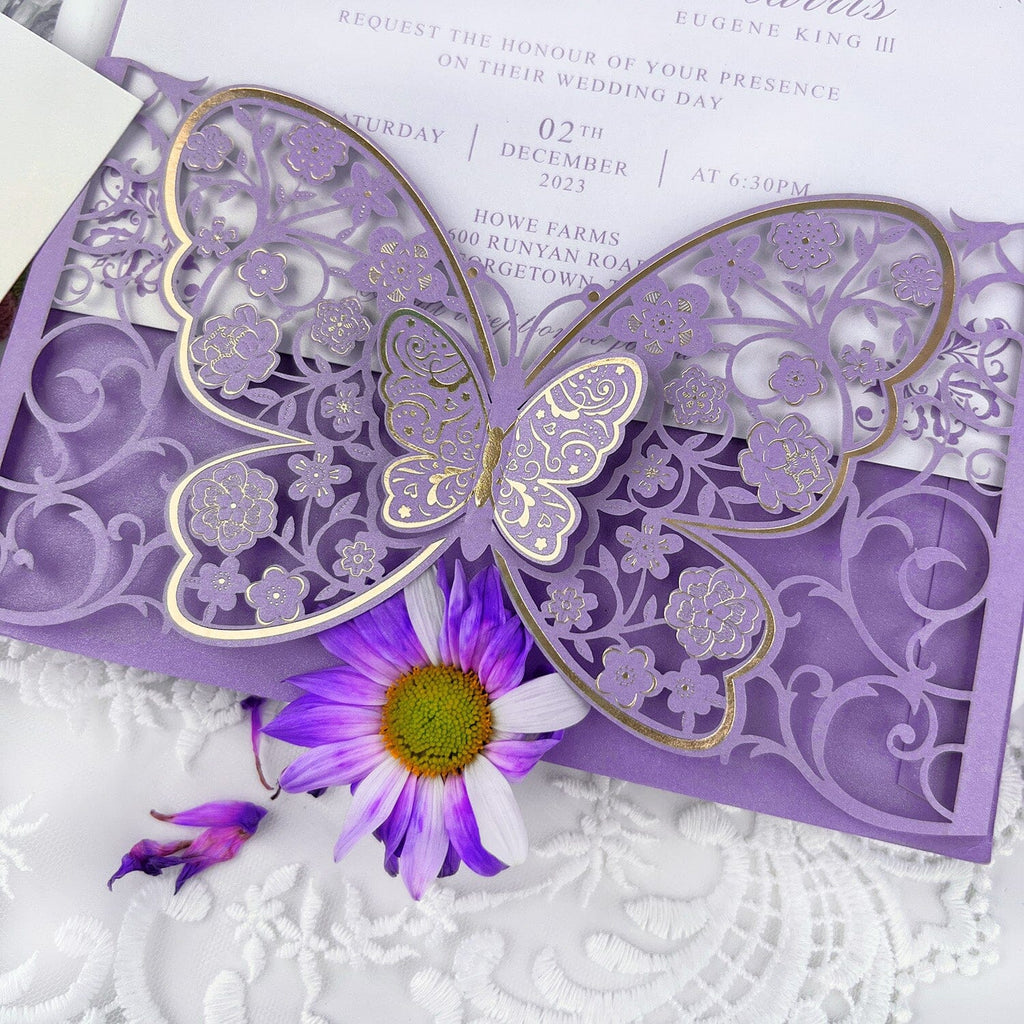 Purple 3D Butterfly Wedding Invitations, Lavender Gold Foil Invitation for Elegant Wedding, Personalized Wedding Card Wedding Ceremony Supplies Picky Bride