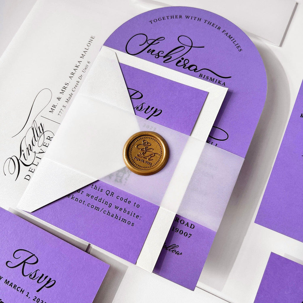 Purple Arch Wedding Invitation Elegant, Lavender Wedding Invite Cards with Gold Wax Seal, Modern Arched Wedding Invitations and RSVP Cards Wedding Ceremony Supplies Picky Bride 