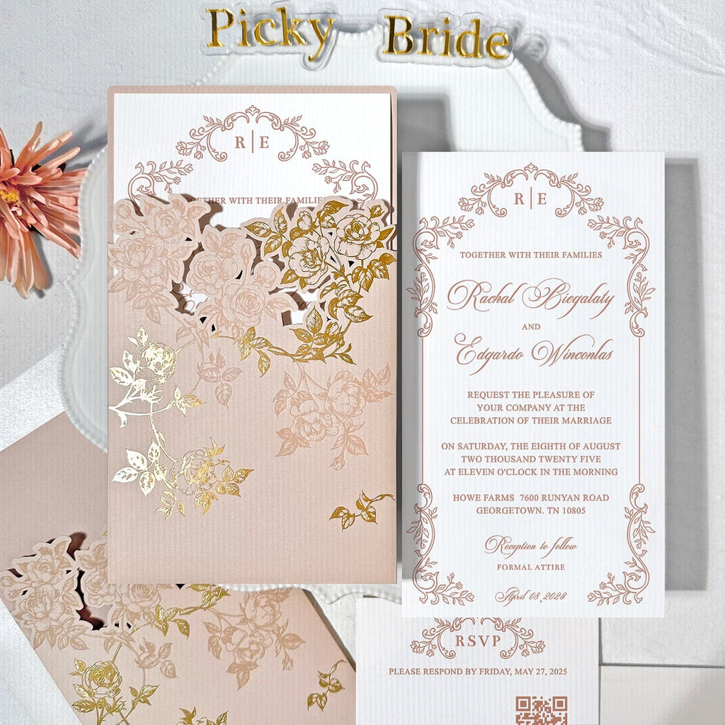 Romantic Blush Pink and Gold Floral Wedding Invitations, Elegant Rose Laser Cut Pockets Invites, Botanical Frame Handmade Paper Invitation with QR Code RSVP Wedding Ceremony Supplies Picky Bride