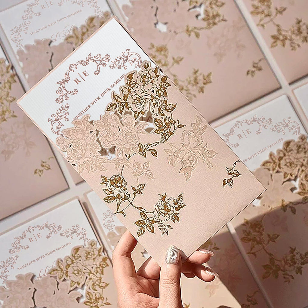Romantic Blush Pink and Gold Floral Wedding Invitations, Elegant Rose Laser Cut Pockets Invites, Botanical Frame Handmade Paper Invitation with QR Code RSVP Wedding Ceremony Supplies Picky Bride