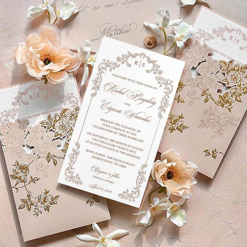 Romantic Blush Pink and Gold Floral Wedding Invitations, Elegant Rose Laser Cut Pockets Invites, Botanical Frame Handmade Paper Invitation with QR Code RSVP Wedding Ceremony Supplies Picky Bride