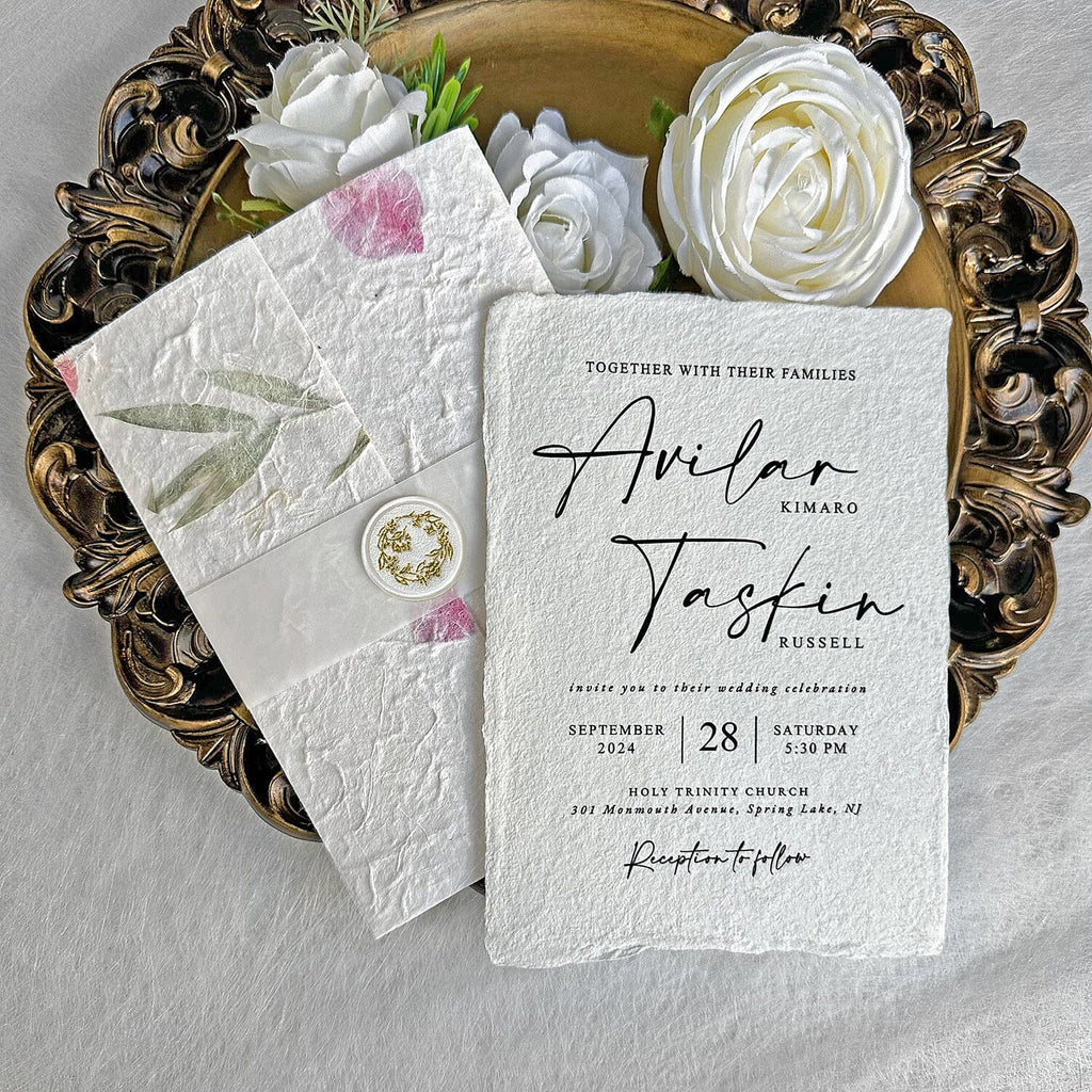 Romantic Botanical Garden Wedding Invitations, Rustic Handmade Deckled Edge Invites with Real Flower Petals, Spring Floral Invitation with Gold Foil Wax Seal Wedding Ceremony Supplies Picky Bride