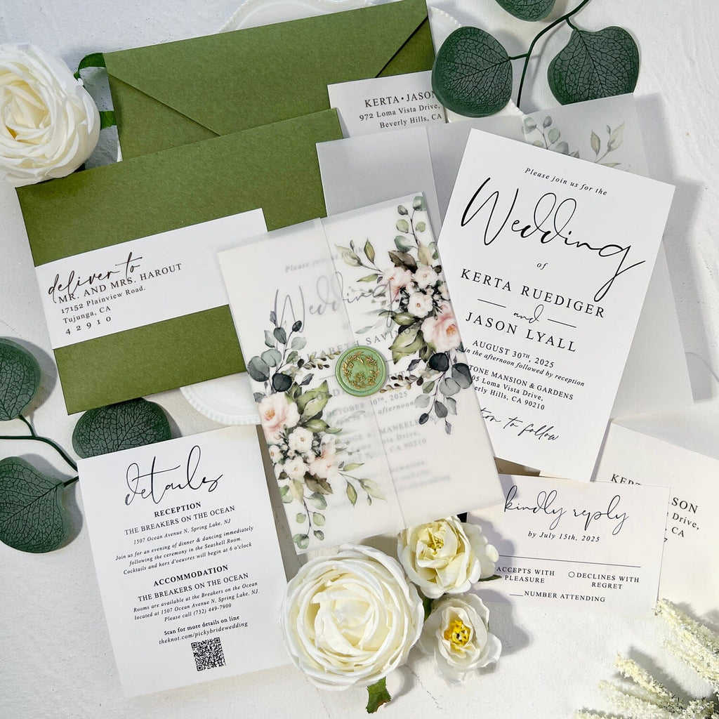 Romantic Floral Vellum Jacket Wedding Invitations, Elegant Spring Botanical Invites with Envelopes Addressing, Customized Gold Foil and Green Wax Seal, QR Code Details Wedding Ceremony Supplies Picky Bride