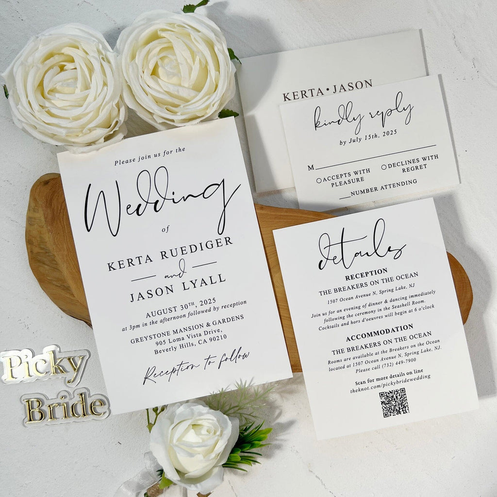 Romantic Floral Vellum Jacket Wedding Invitations, Elegant Spring Botanical Invites with Envelopes Addressing, Customized Gold Foil and Green Wax Seal, QR Code Details Wedding Ceremony Supplies Picky Bride