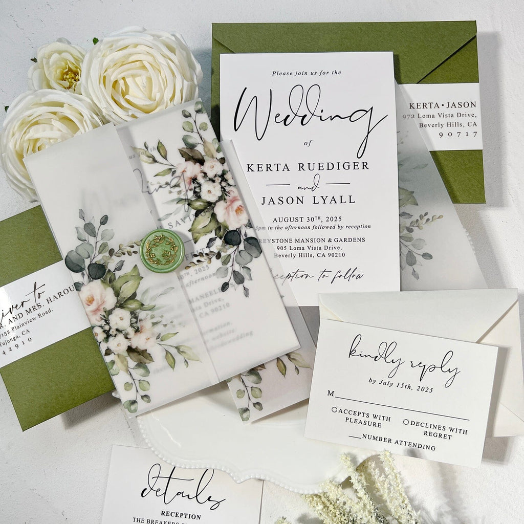 Romantic Floral Vellum Jacket Wedding Invitations, Elegant Spring Botanical Invites with Envelopes Addressing, Customized Gold Foil and Green Wax Seal, QR Code Details Wedding Ceremony Supplies Picky Bride