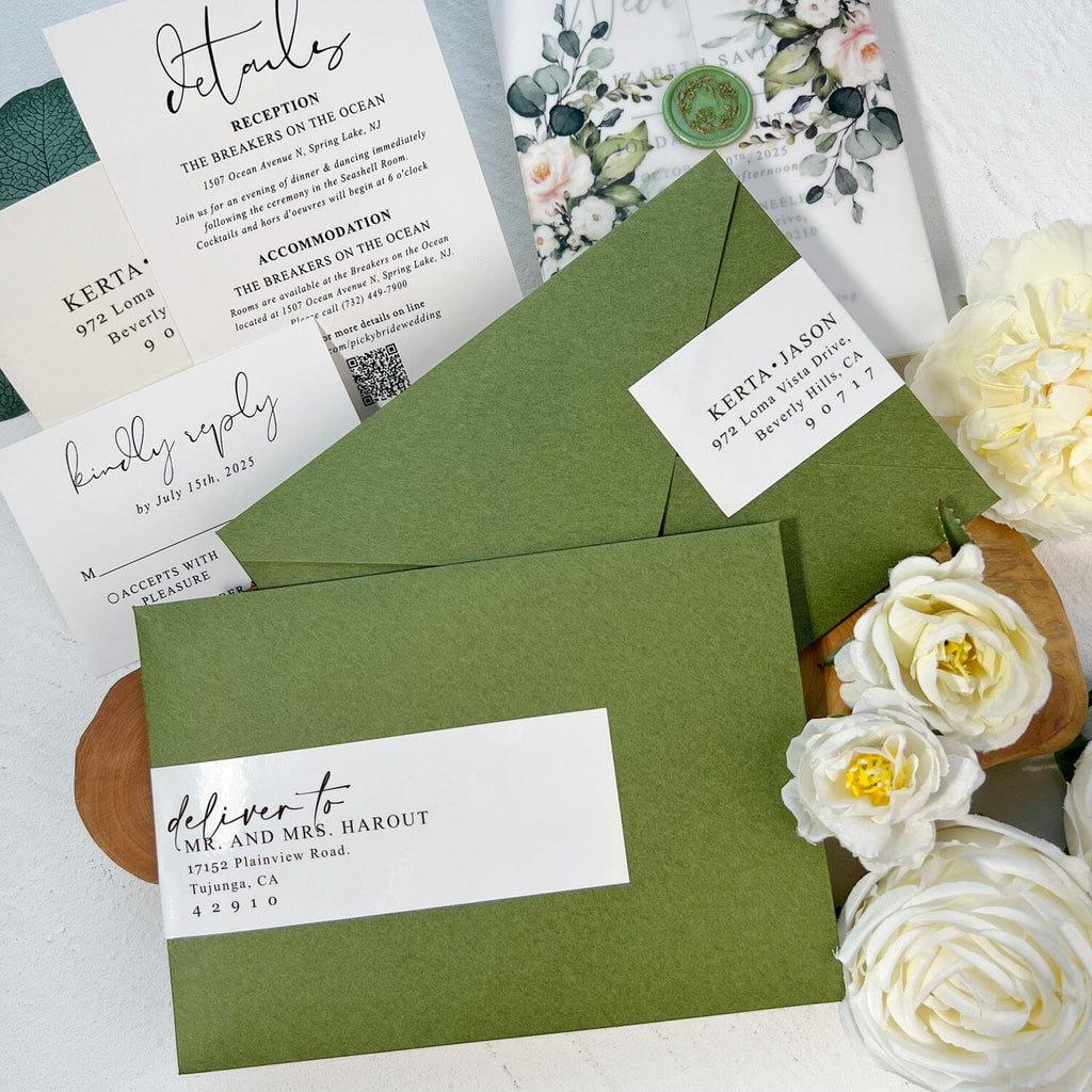 Romantic Floral Vellum Jacket Wedding Invitations, Elegant Spring Botanical Invites with Envelopes Addressing, Customized Gold Foil and Green Wax Seal, QR Code Details Wedding Ceremony Supplies Picky Bride