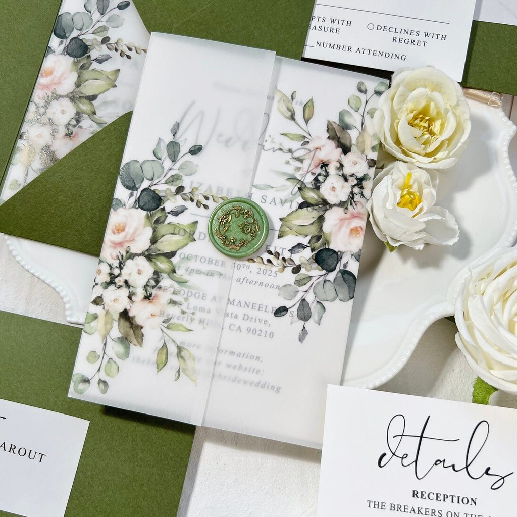 Romantic Floral Vellum Jacket Wedding Invitations, Elegant Spring Botanical Invites with Envelopes Addressing, Customized Gold Foil and Green Wax Seal, QR Code Details Wedding Ceremony Supplies Picky Bride