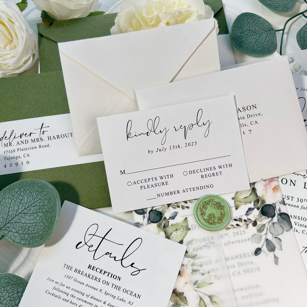 Romantic Floral Vellum Jacket Wedding Invitations, Elegant Spring Botanical Invites with Envelopes Addressing, Customized Gold Foil and Green Wax Seal, QR Code Details Wedding Ceremony Supplies Picky Bride