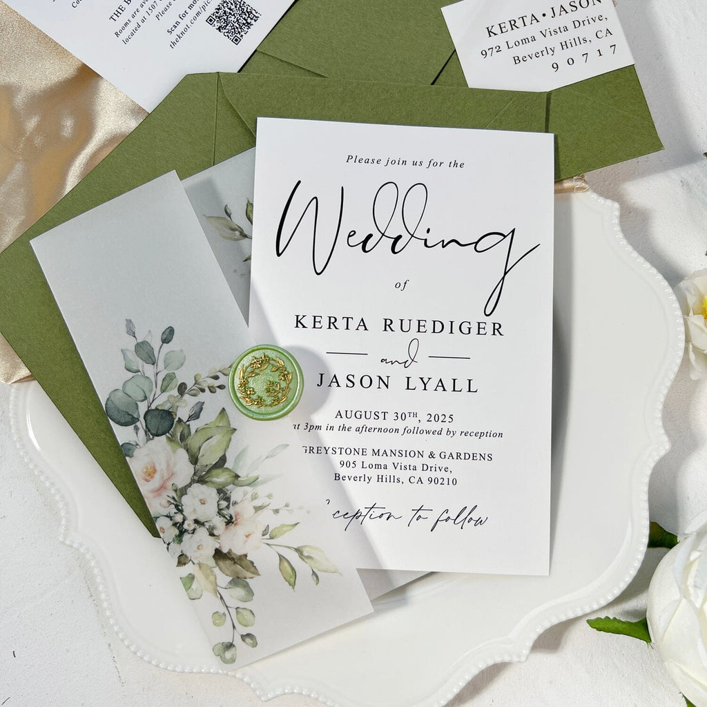 Romantic Floral Vellum Jacket Wedding Invitations, Elegant Spring Botanical Invites with Envelopes Addressing, Customized Gold Foil and Green Wax Seal, QR Code Details Wedding Ceremony Supplies Picky Bride