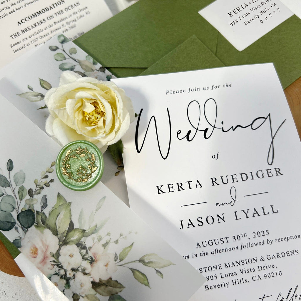 Romantic Floral Vellum Jacket Wedding Invitations, Elegant Spring Botanical Invites with Envelopes Addressing, Customized Gold Foil and Green Wax Seal, QR Code Details Wedding Ceremony Supplies Picky Bride