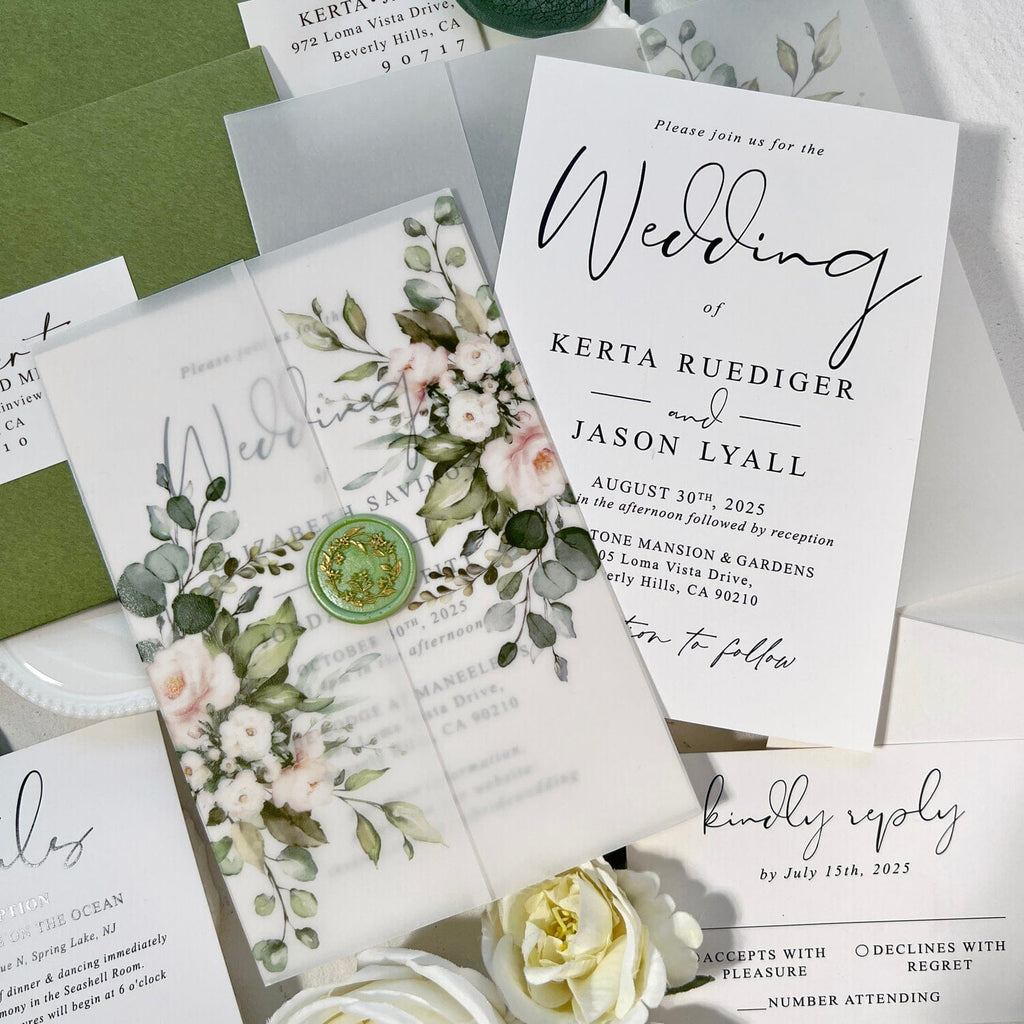 Romantic Floral Vellum Jacket Wedding Invitations, Elegant Spring Botanical Invites with Envelopes Addressing, Customized Gold Foil and Green Wax Seal, QR Code Details Wedding Ceremony Supplies Picky Bride