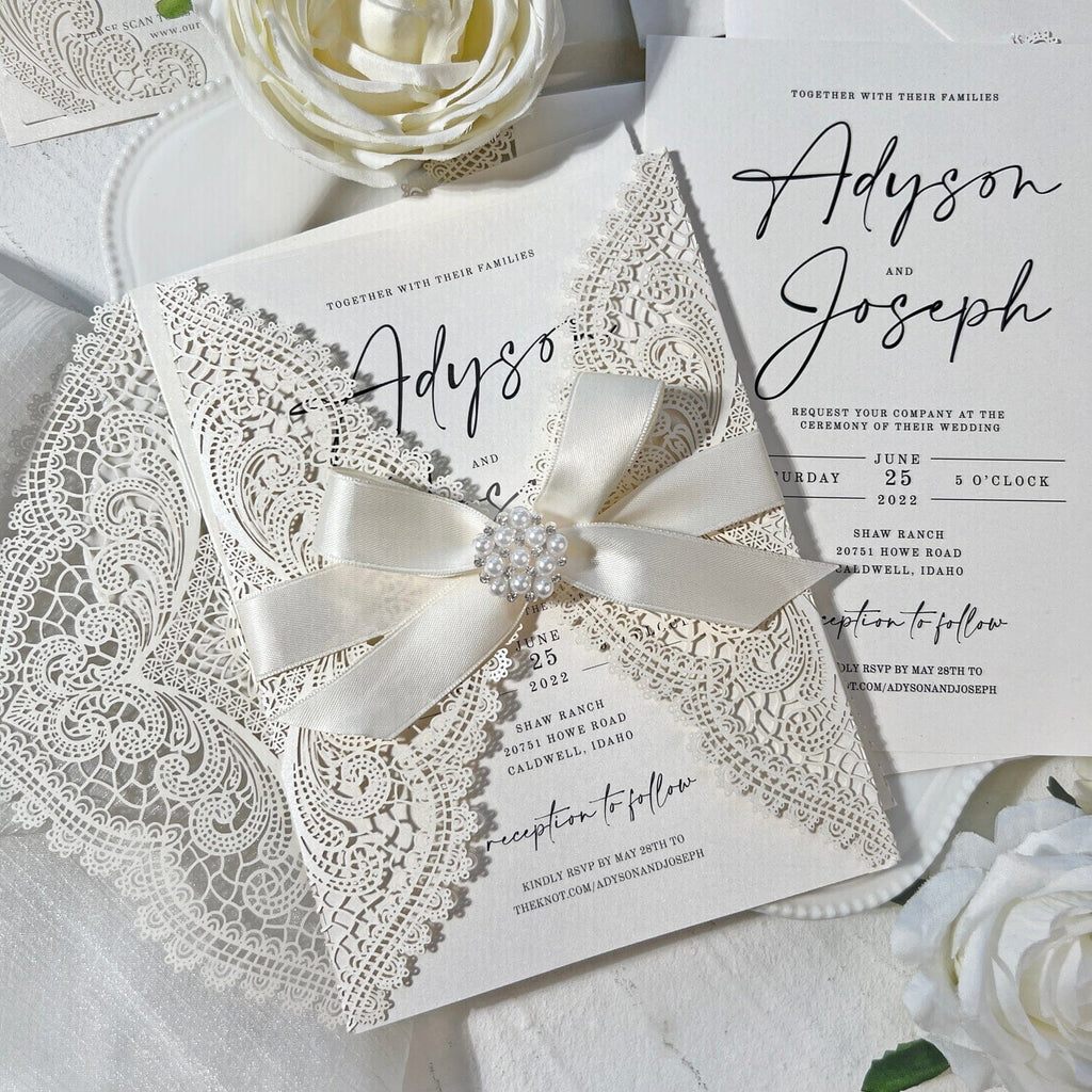 Romantic Lace and Pearl White Wedding Invitation, Elegant Laser Cut Invites with Diamante Brooch Bow, Personalized QR Code RSVP Wedding Ceremony Supplies Picky Bride