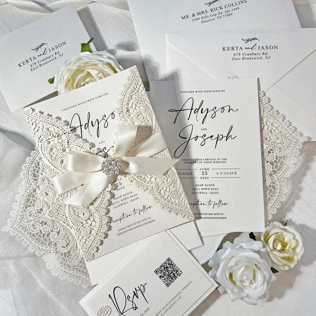 Romantic Lace and Pearl White Wedding Invitation, Elegant Laser Cut Invites with Diamante Brooch Bow, Personalized QR Code RSVP Wedding Ceremony Supplies Picky Bride