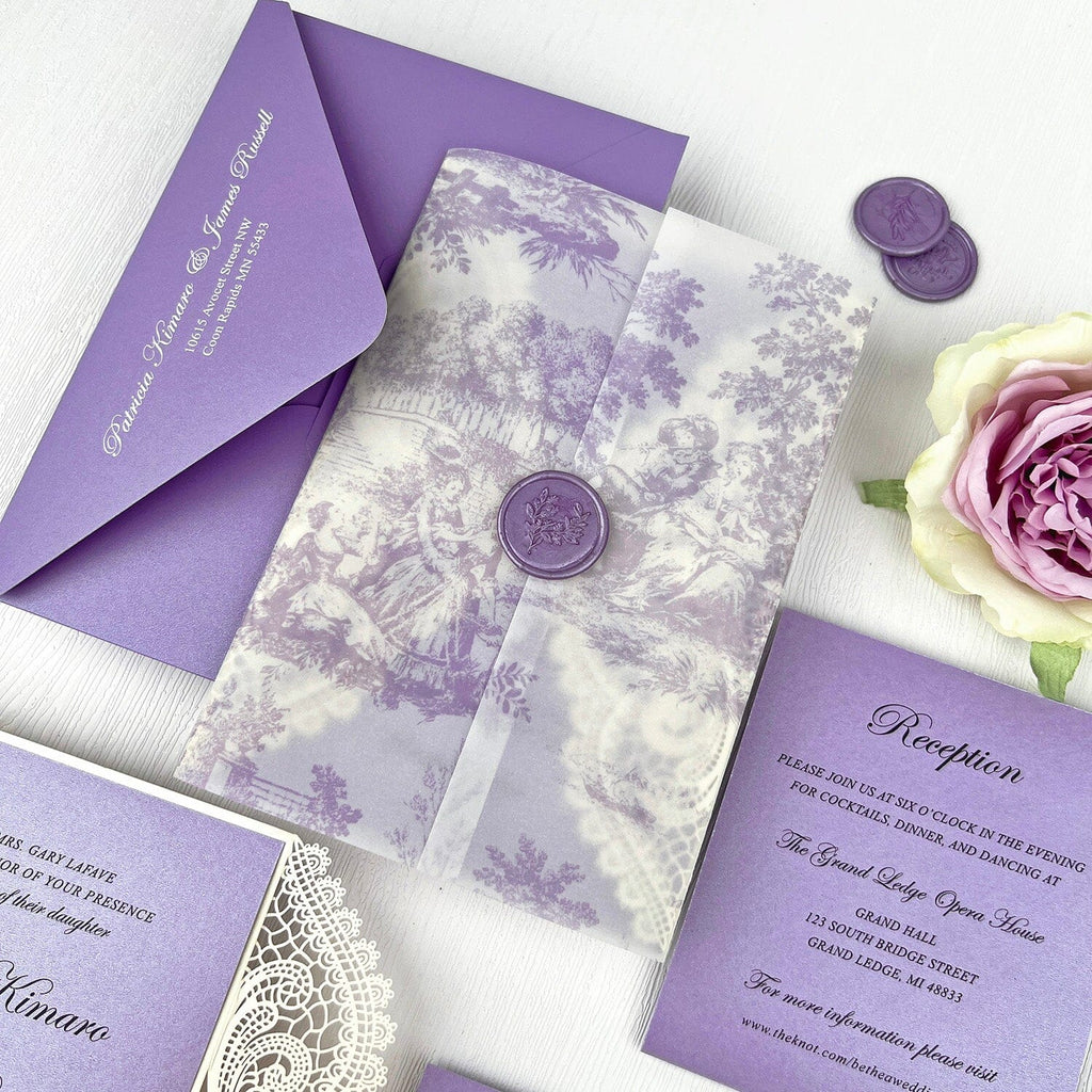 Romantic Lavender Lace Wedding Invitations, Elegant Purple Fine Art Printed Vellum Wrap Invites with Wax Seal, Ivory Laser Cut Gatefold Wedding Invitation Wedding Ceremony Supplies Picky Bride