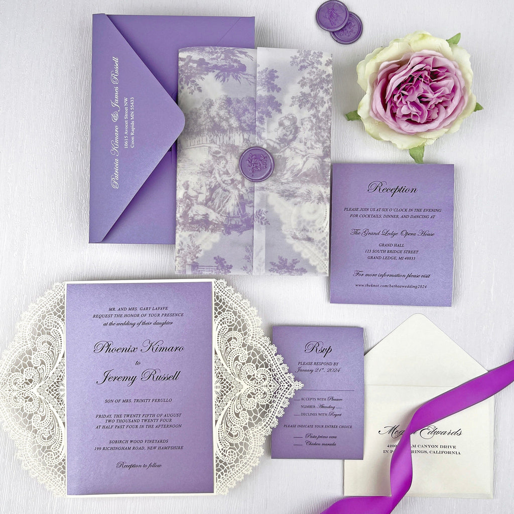 Romantic Lavender Lace Wedding Invitations, Elegant Purple Fine Art Printed Vellum Wrap Invites with Wax Seal, Ivory Laser Cut Gatefold Wedding Invitation Wedding Ceremony Supplies Picky Bride