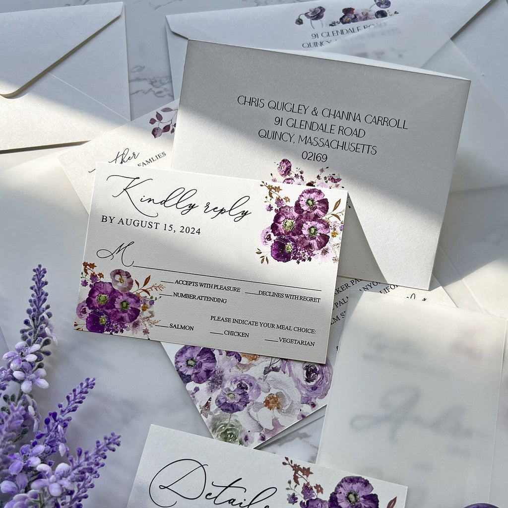 Romantic Lavender Wedding Invitation, Elegant Purple Floral Invites with RSVP, Transparent Vellum Wraps with Personalized Wax Seal, Matched Detail Cards Wedding Ceremony Supplies Picky Bride