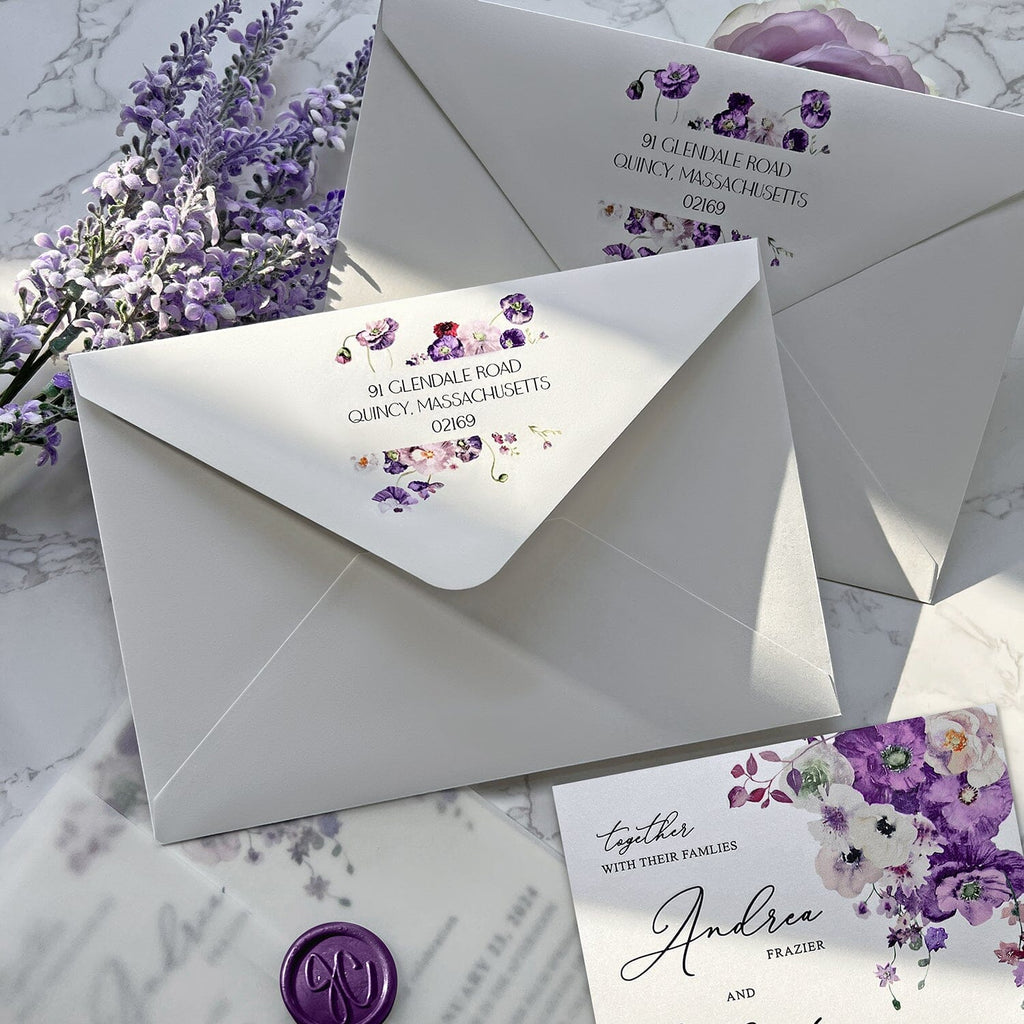 Romantic Lavender Wedding Invitation, Elegant Purple Floral Invites with RSVP, Transparent Vellum Wraps with Personalized Wax Seal, Matched Detail Cards Wedding Ceremony Supplies Picky Bride
