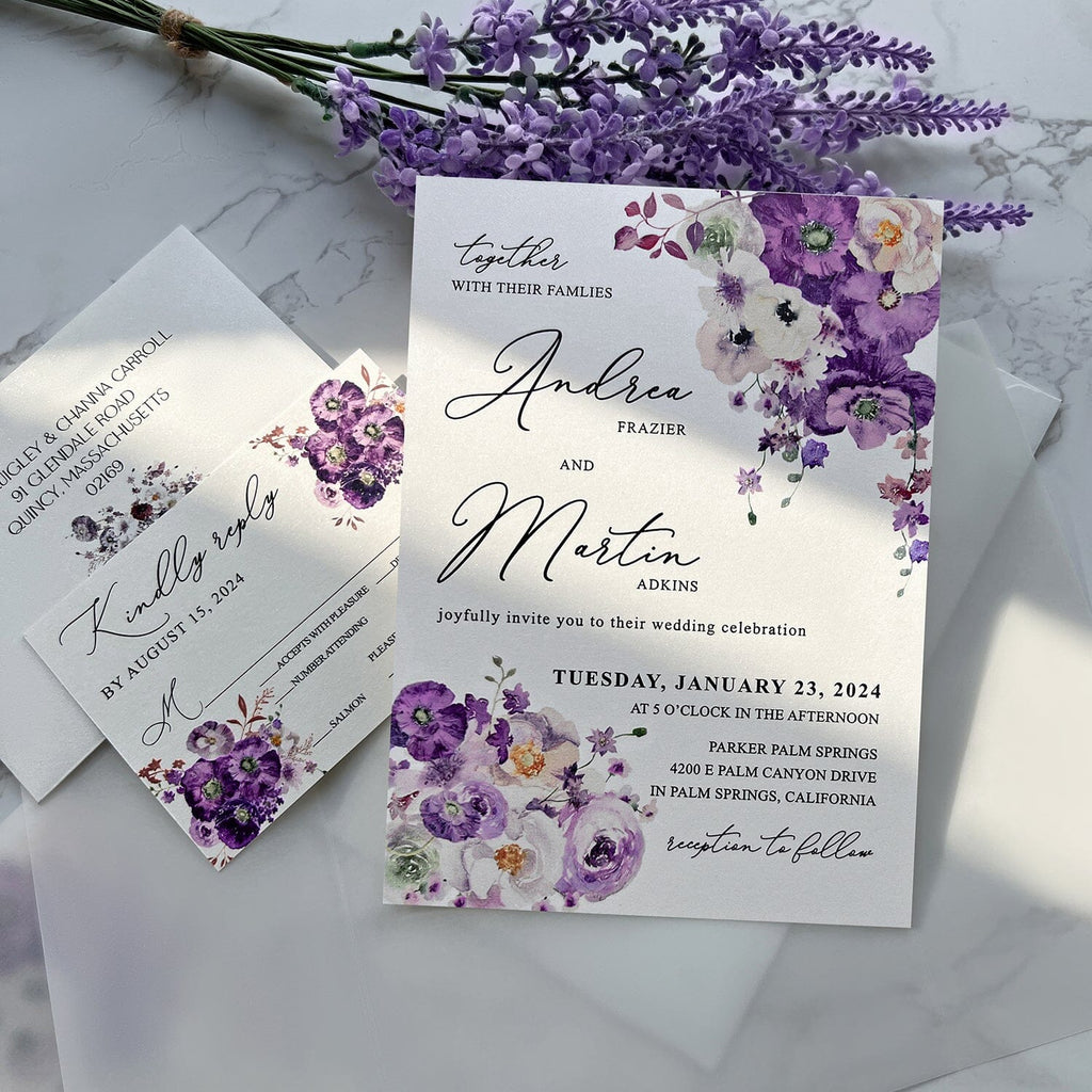 Romantic Lavender Wedding Invitation, Elegant Purple Floral Invites with RSVP, Transparent Vellum Wraps with Personalized Wax Seal, Matched Detail Cards Wedding Ceremony Supplies Picky Bride