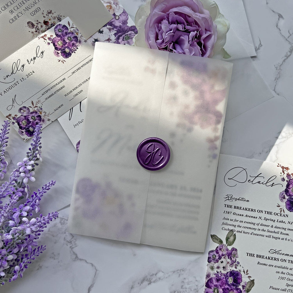 Romantic Lavender Wedding Invitation, Elegant Purple Floral Invites with RSVP, Transparent Vellum Wraps with Personalized Wax Seal, Matched Detail Cards Wedding Ceremony Supplies Picky Bride