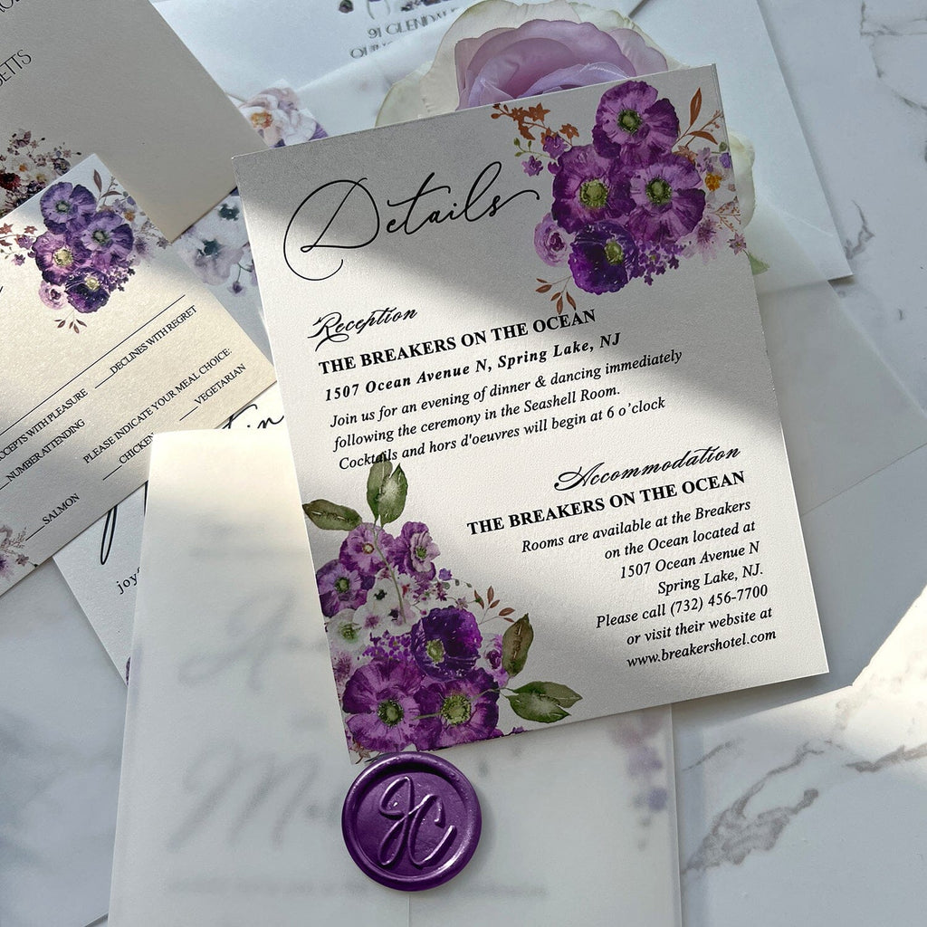 Romantic Lavender Wedding Invitation, Elegant Purple Floral Invites with RSVP, Transparent Vellum Wraps with Personalized Wax Seal, Matched Detail Cards Wedding Ceremony Supplies Picky Bride