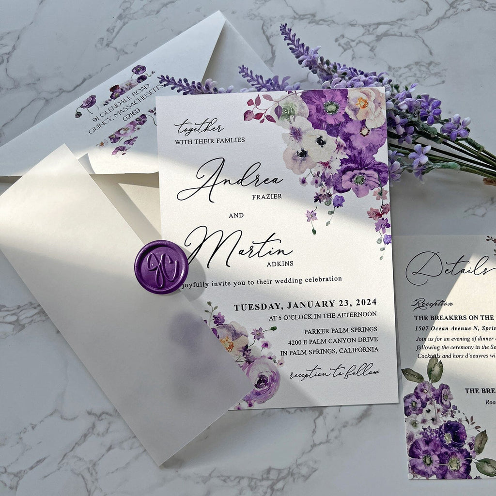 Romantic Lavender Wedding Invitation, Elegant Purple Floral Invites with RSVP, Transparent Vellum Wraps with Personalized Wax Seal, Matched Detail Cards Wedding Ceremony Supplies Picky Bride