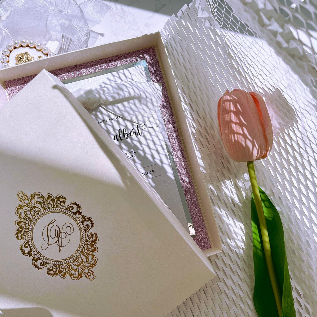 Romantic Pink Glitter Wedding Invitation, Luxury three layers Blush and Silver Invites with Gold Foil Boxes, Classic Minimalist Design with Ribbon Bow Wedding Ceremony Supplies Picky Bride