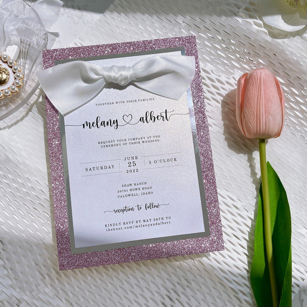 Romantic Pink Glitter Wedding Invitation, Luxury three layers Blush and Silver Invites with Gold Foil Boxes, Classic Minimalist Design with Ribbon Bow Wedding Ceremony Supplies Picky Bride