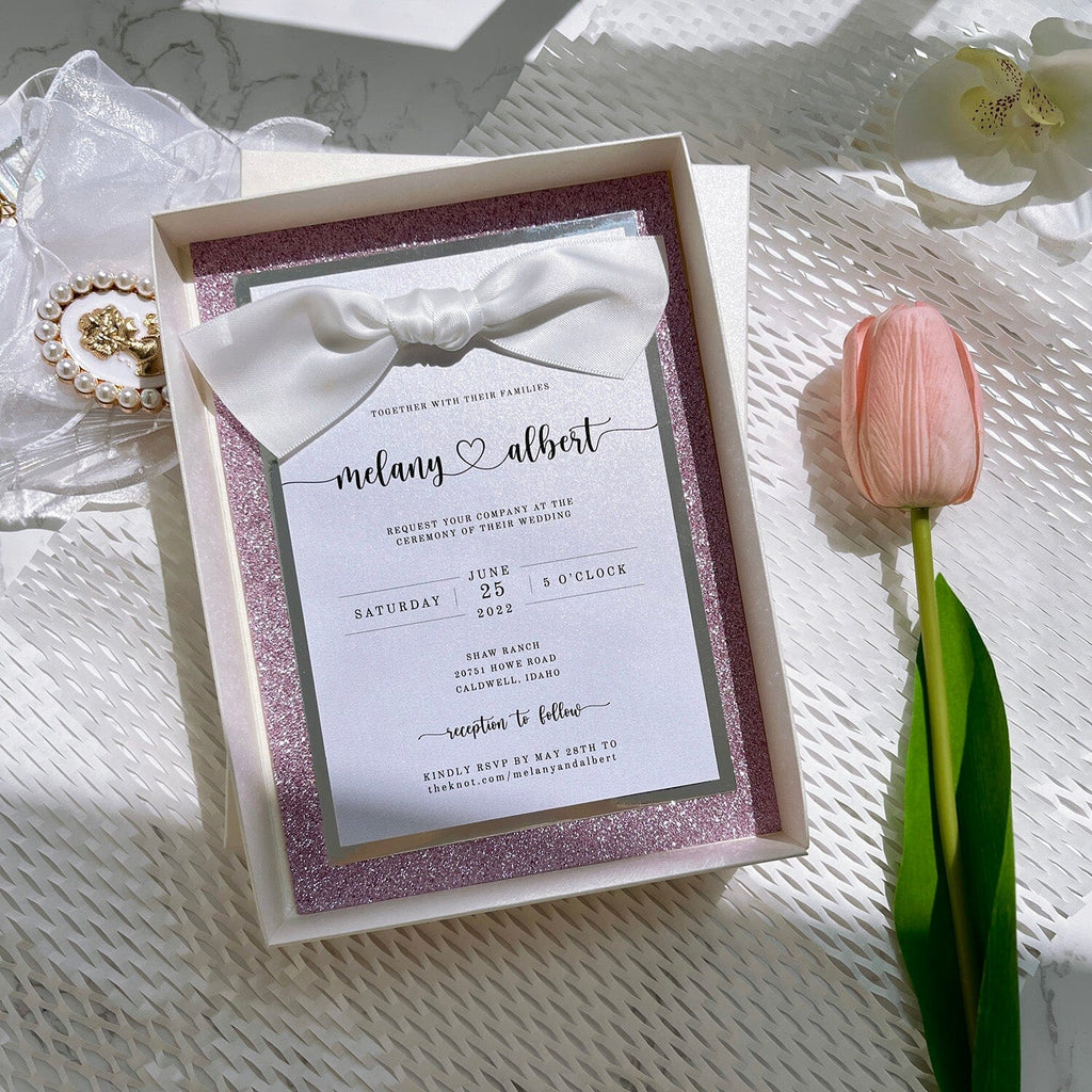 Romantic Pink Glitter Wedding Invitation, Luxury three layers Blush and Silver Invites with Gold Foil Boxes, Classic Minimalist Design with Ribbon Bow Wedding Ceremony Supplies Picky Bride