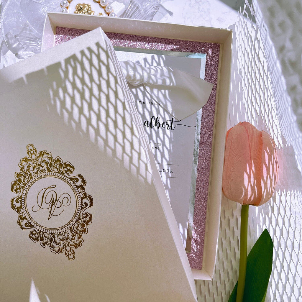 Romantic Pink Glitter Wedding Invitation, Luxury three layers Blush and Silver Invites with Gold Foil Boxes, Classic Minimalist Design with Ribbon Bow Wedding Ceremony Supplies Picky Bride