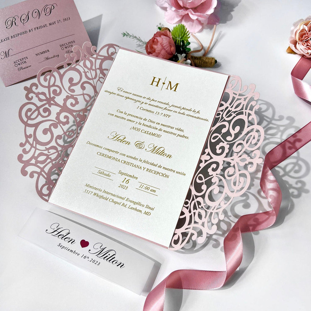 Romantic Pink Laser Cut Wedding Invitations Set, Gate Fold Wedding Invitation with Clear Bellyband, Gold Foil Invitation for Luxury Wedding Theme Wedding Ceremony Supplies Picky Bride
