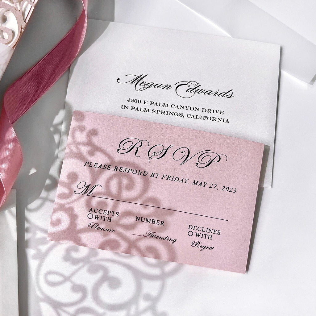 Romantic Pink Laser Cut Wedding Invitations Set, Gate Fold Wedding Invitation with Clear Bellyband, Gold Foil Invitation for Luxury Wedding Theme Wedding Ceremony Supplies Picky Bride