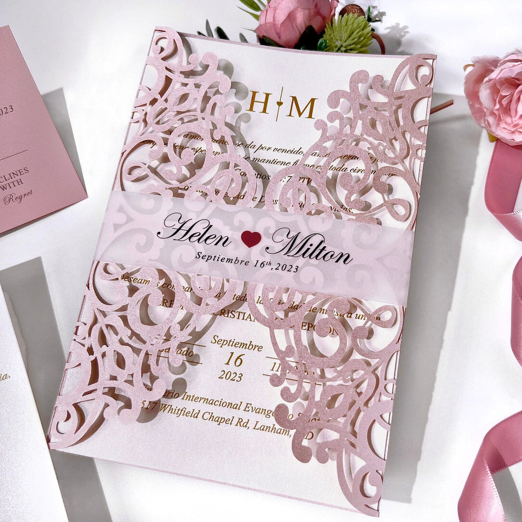 Romantic Pink Laser Cut Wedding Invitations Set, Gate Fold Wedding Invitation with Clear Bellyband, Gold Foil Invitation for Luxury Wedding Theme Wedding Ceremony Supplies Picky Bride