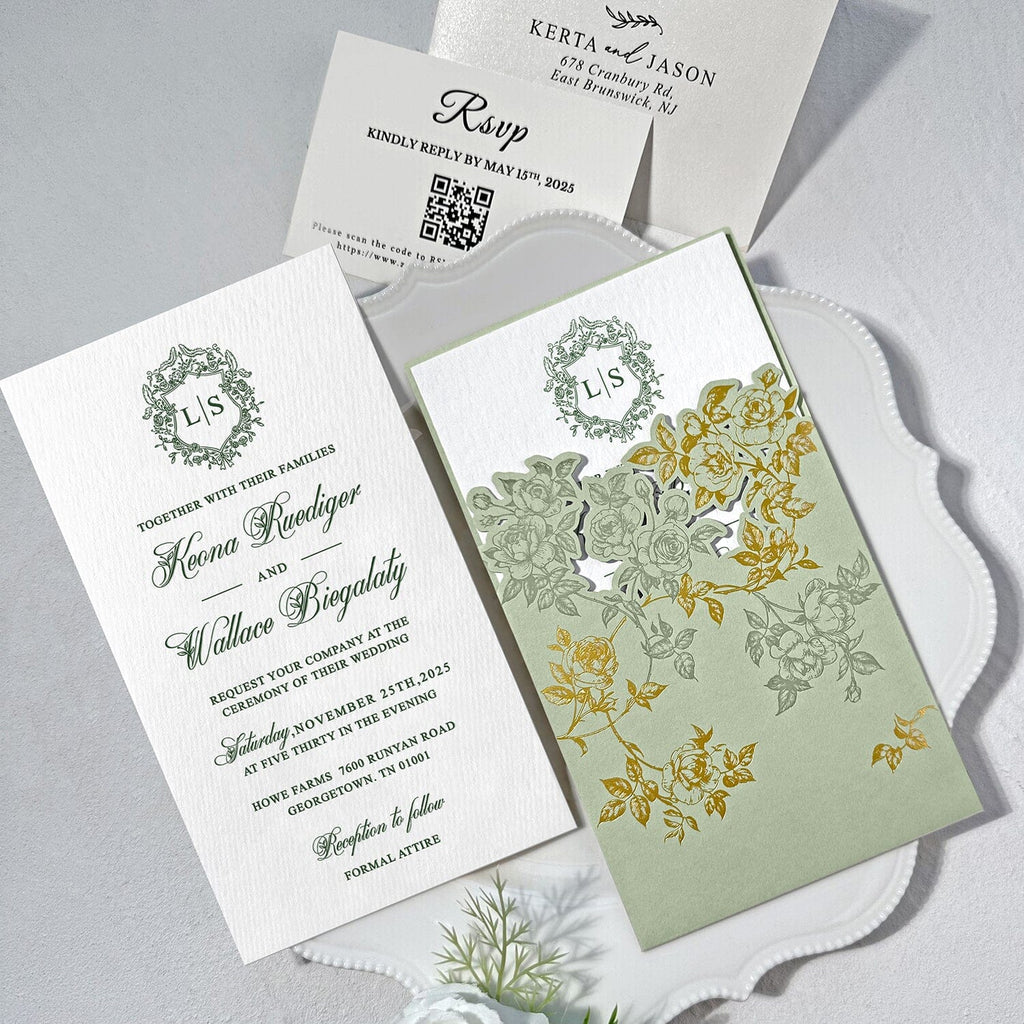 Romantic Sage Green and Gold Wedding Invitations, Spring Rose Laser Cut Pockets Invites, Elegant Handmade Paper with Botanical Monogram, QR Code RSVP Wedding Ceremony Supplies Picky Bride