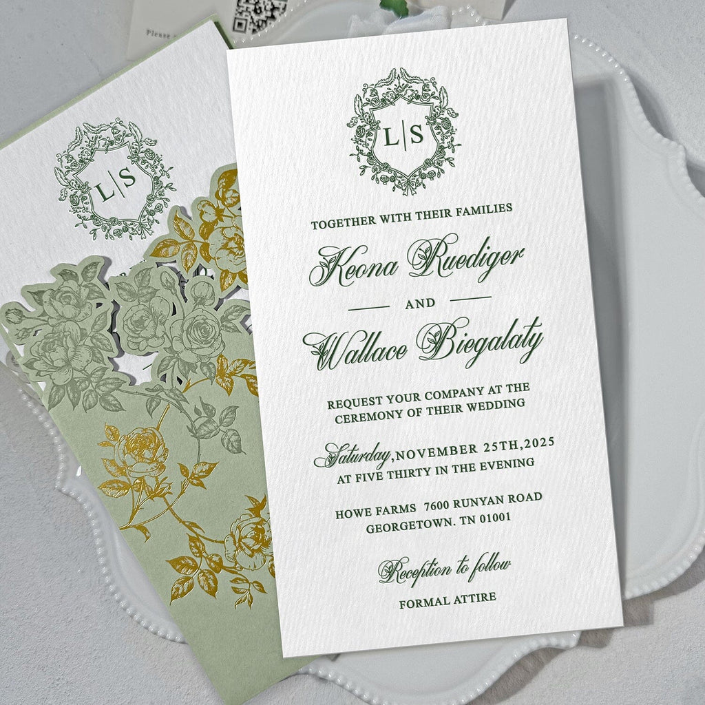 Romantic Sage Green and Gold Wedding Invitations, Spring Rose Laser Cut Pockets Invites, Elegant Handmade Paper with Botanical Monogram, QR Code RSVP Wedding Ceremony Supplies Picky Bride